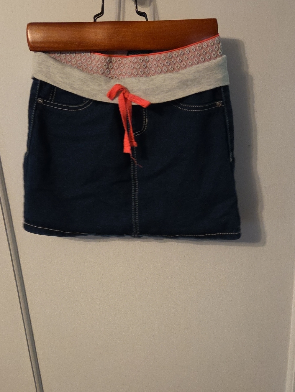 Squeeze Dark Blue Denim Mini Skirt with Pink Drawstring